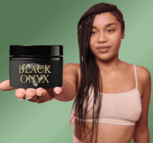 Model holding a Black Onyx labeled jar.